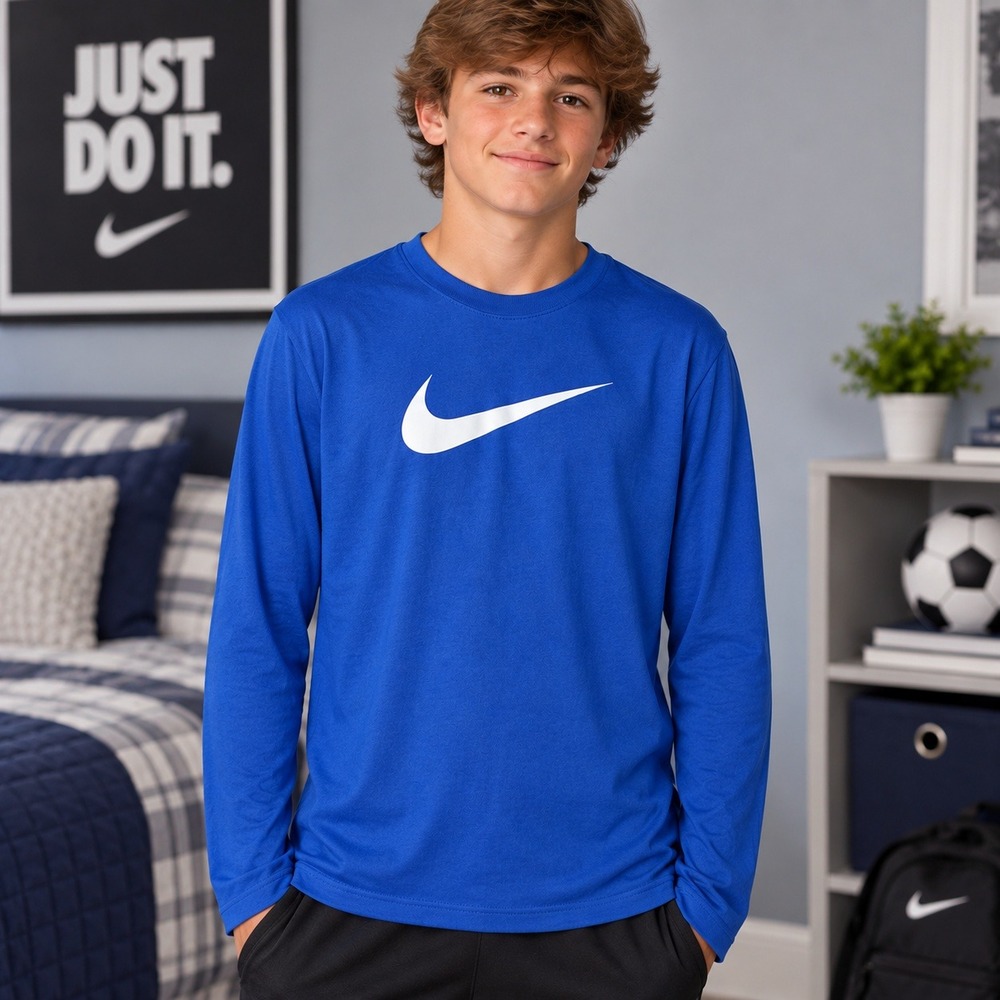 Nike Kids Dri-FIT Long Sleeve Training Shirt Blue White Swoosh Size Large New